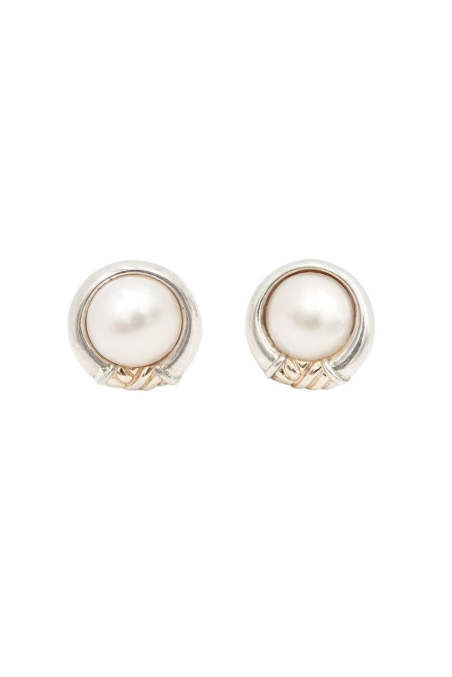 Tiffany & Co. Vintage Mixed Metal Silver and Gold Mabe Pearl Clip Earrings 90s